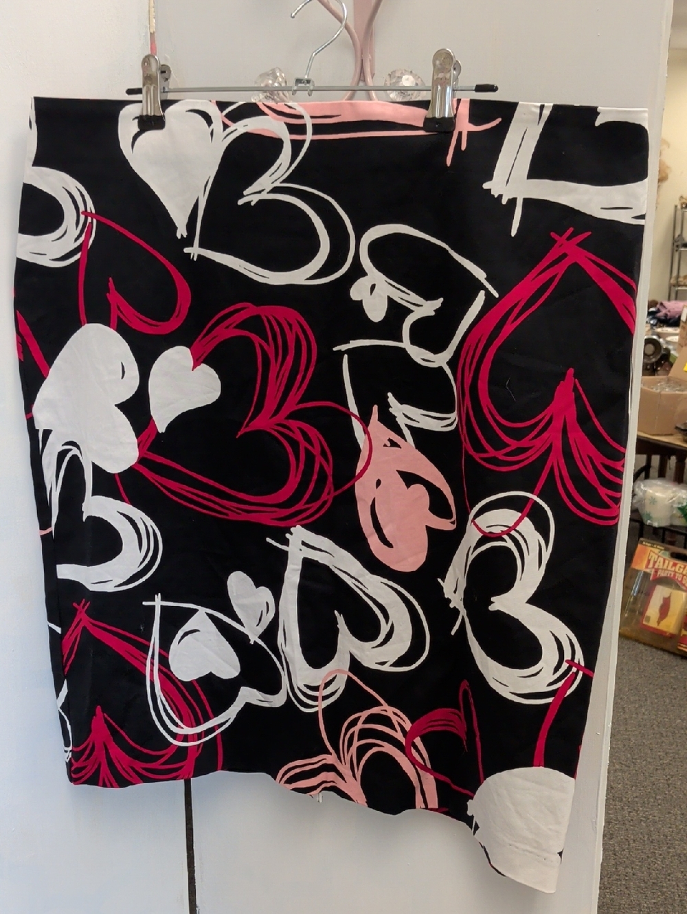New York & Company Black Pencil Skirt with Pink & White Heart Motif